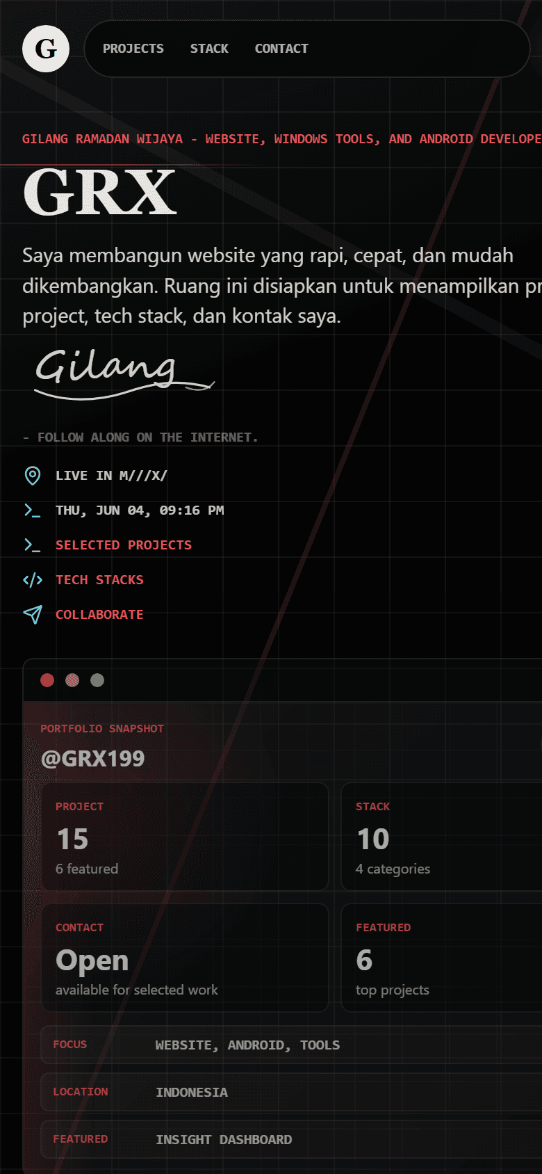 Gilang Portfolio - Mobile homepage